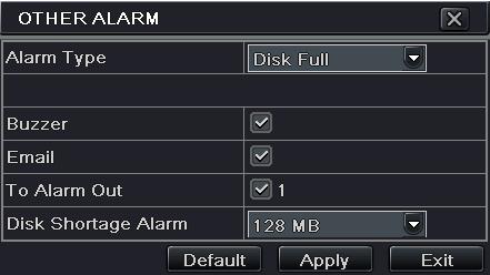 4 Other Alarm This tab gives a choice to configure alarm for Disk Full, IP Conflict, the Disconnect event, Disk Attenuation or Disk Lost. Step1: Enter into Menu Setup Alarm Other Alarm tab.