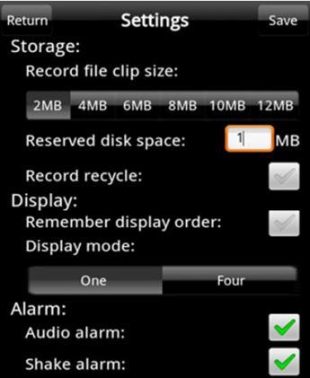 Alarm setting Storage setting Display setting If Audio alarm is enabled, when Video