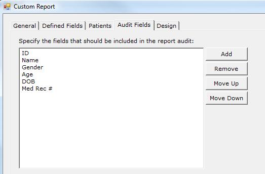 Audit Fields Tab When you run a Custom Report and need to drill down and see a list of patients that make up the statistic, you can print an audit listing.