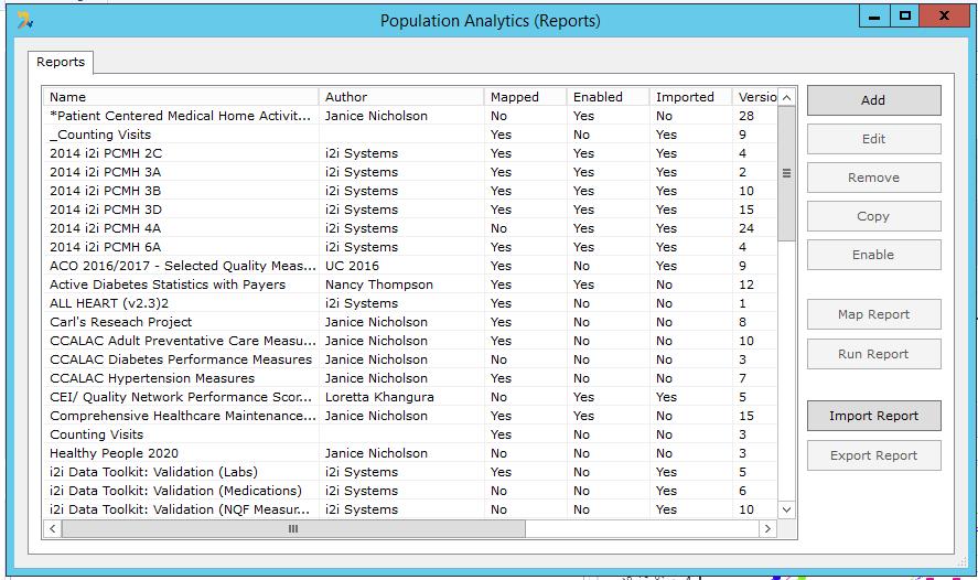 The Population Analytics (Reports) screen displays, showing you a list of all