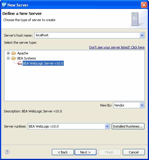 Setting Up Your Portal Development Environment Figure 2-2 New Server Define a New Server Dialog 6. In the tree, verify that BEA Systems, Inc. is expanded and that BEA WebLogic v10.