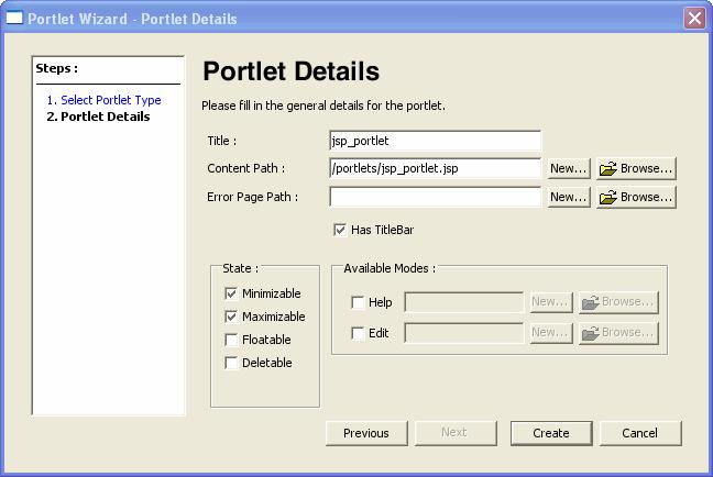 Tutorial Steps Figure 3-12 Portlet Wizard - JSP Portlet Details Dialog 6. Specify the values specified in Table 3-2.