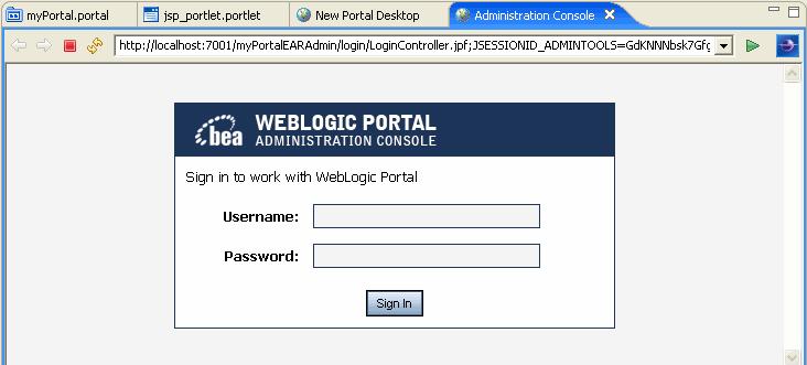 Assembling a Desktop in Your Staging Environment The Administration Console opens in a new tab in the workbench editor view, with the login dialog displayed, as Figure 4-2 shows.
