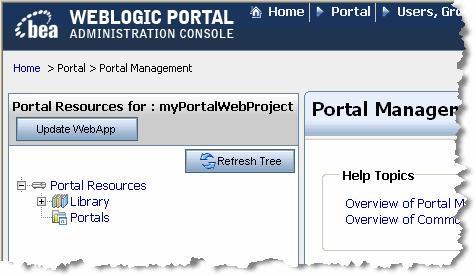 Assembling a Desktop in Your Staging Environment Figure 4-4 Portal Resources Tree in the Administration Console Notice that the display is based on the Portal Web Project that you created in