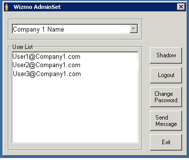 The AdminSet window reflects the name of the company and a list of