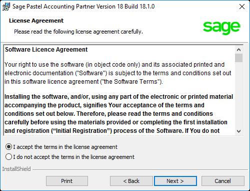 The next screen that displays is the License Agreement screen: Read the Licence Agreement, and select I accept the terms in the license agreement.