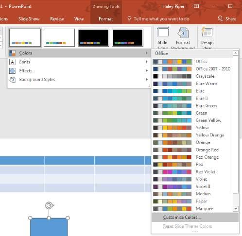 Design Tab Intermediate Create New Theme Colors Step 1: From the Design tab, click the More drop-down arrow in the Variants group. Hover the mouse over Colors.