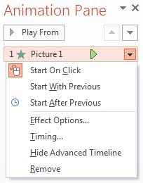 Step 1: From the Animation Pane, select an effect. A drop-down arrow will appear next to the effect. Effect Drop Down Step 2: Click the drop-down arrow.