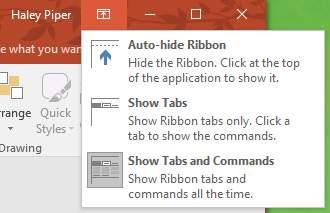 Ribbon Display Options Step 1: Click the Ribbon Display Options tool. Step 2: Click on Auto-hide Ribbon and the Ribbon will disappear.