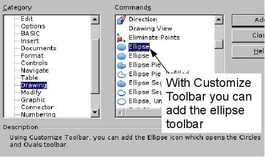 Figure 7: Adding the extended Ellipse toolbar 4) On the Customize dialog, ensure that the checkbox by the new Ellipse command is selected, and then use the up and down arrow buttons to move it to the
