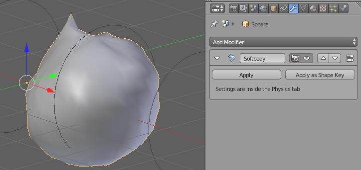 Chapter 13 - Modifiers SoftBody The Softbody modifier is controlled in the Physics panel and allows objects to flex and loose some rigidity, like Jello gelatin or fabrics.
