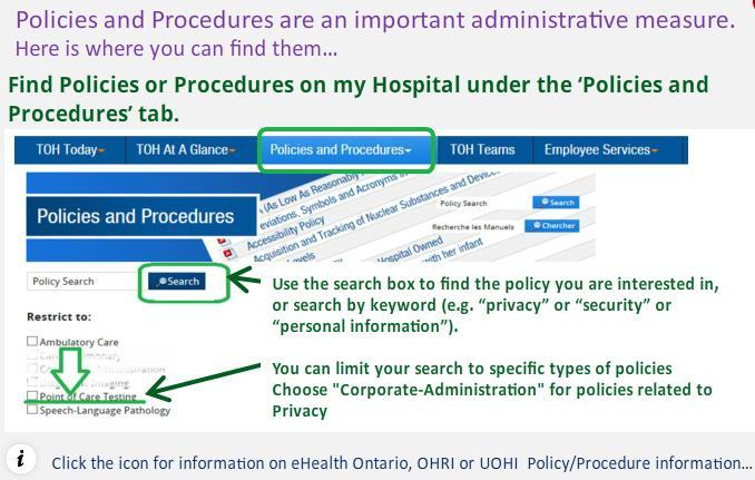 OHRI and UOHI: Follow TOH s policies and procedures ehealth Ontario: ehealth Ontario s privacy and security policies for