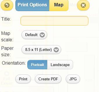 Print When clicked the window to the right will appear: Users are able to set their own map scale or continue with the one in the current view. Choose the proper paper size and orientation.