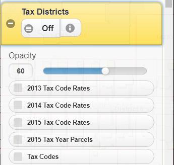 Tax Districts (Folder) Tax code rates, previous tax year parcels, tax codes, and all other taxing districts.