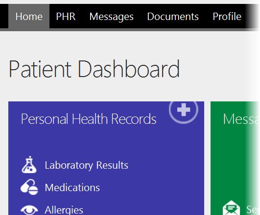 To open a page: There are 2 ways to open a page: Click a tab. Or Click the title of a tile from the Home page. (The Personal Health Records (PHR) page is shown below.