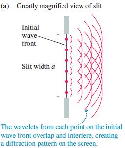 Analyzing Single-Slit Diffraction The figure shows a wave front passing through a narrow slit of width a According to Huygens principle, each point on the wave front can be thought of as the source