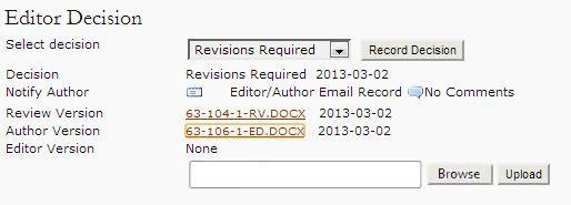 FIGURE 3.7 ACCEPT SUBMISSION R E V I S I O N S REQUIRED If the decision is Revisions Required, the Author will need to make the required changes and upload them for you to view.