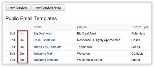 2. In the Email Templates page, click the Del link corresponding to the email template.