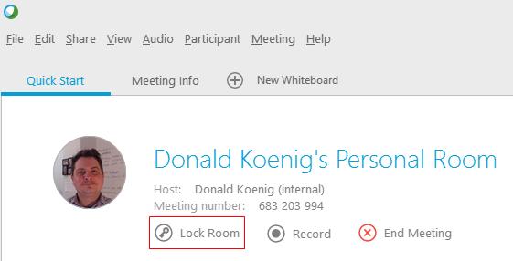 Managing your Personal Room Locking your Room 1. Under the Quick Start tab, click the Lock Room button beneath Meeting number. Figure 10 2.