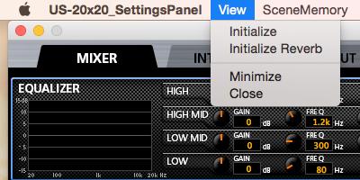 Using the Settings Panel View menu Use the View menu in the menu bar to reset the Settings Panel and reverb settings to their original values, as well as to minimize the Settings Panel.