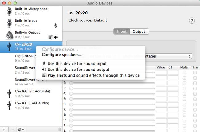 Click US-20x20 to select it and right-click or control-click it. Then, click Use this device for sound output in the pop-up menu. The speaker mark appears next to US-20x20. 3.