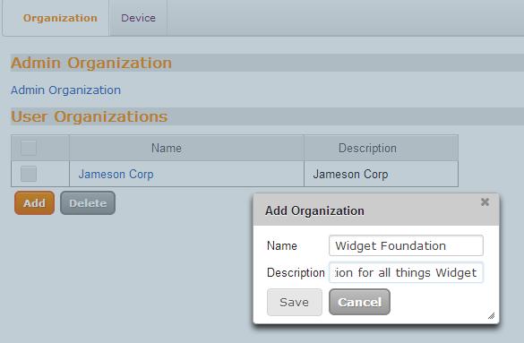 Adding Organizations From the main adminstrative page you can add Organizations.
