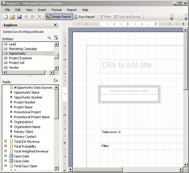Costpoint CRM Report Model You now see an Explorer pane on the left side of the Report Builder window that contains the Costpoint CRM report model information entities and fields.