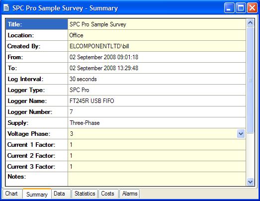SUMMARY TAB Click the Summary tab at the bottom of the chart window to open the survey summary page. The following fields may be edited as required.