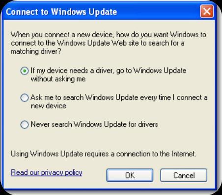 Select the hardware tab and click the Windows Update button to display the following screen Select either of the first two options to enable Windows Update reconnect your SPC device to a spare USB