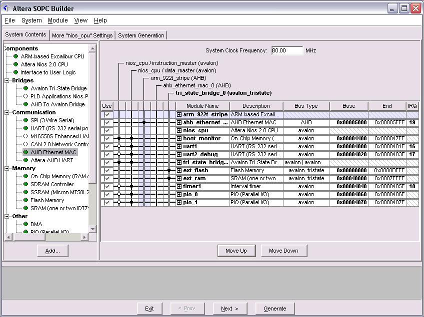 Figure 4. Sample SOPC Builder Screen Quartus II The Quartus II development system can be used for both PLD logic design and the integration of embedded software.
