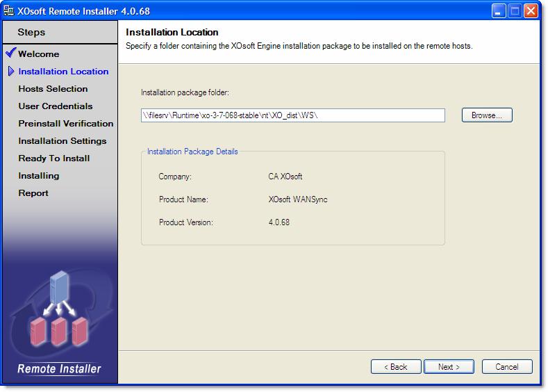Installing XOsoft Engine on Master and Replica Servers 2. Click Next. The Installation Location page appears: 3.