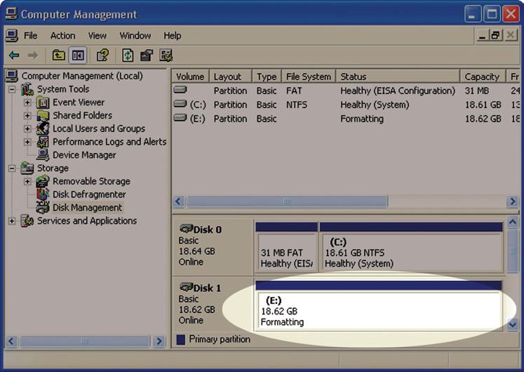 11 Once you have finished with the formatting wizard, you will see that your new drive (represented as Disk E in this case) will display a message of Formatting.