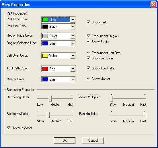 View Properties Select <View>, <Properties> from the main menu Part Properties: This area allows color selection for the various display components.