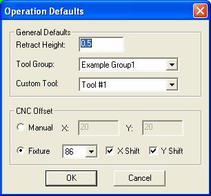 Operation Menu Operation, Defaults Select <Operation>, <Defaults>. These settings mostly control user defaults for the CNC programs.