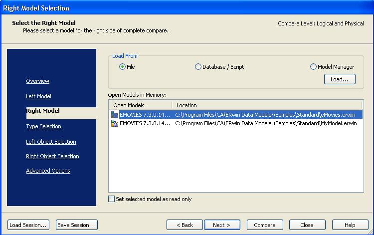 Complete Compare Click Complete Compare on the Actions menu. The Right Model Selection dialog opens by default.