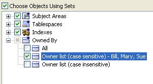 When you indicate an owner name, the Selected Objects pane is automatically updated to reflect the appropriate list of owned objects. To filter by owner name 1.
