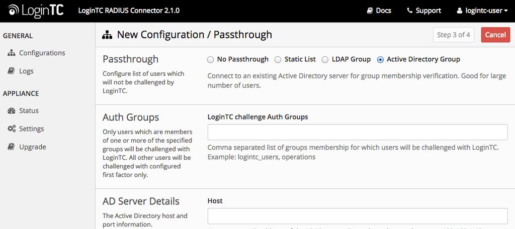 Configuration values: Property Explanation Examples LoginTC challenge auth groups Comma separated list of groups for which users will be challenged with LoginTC SSLVPN-Users or twofactor-users host