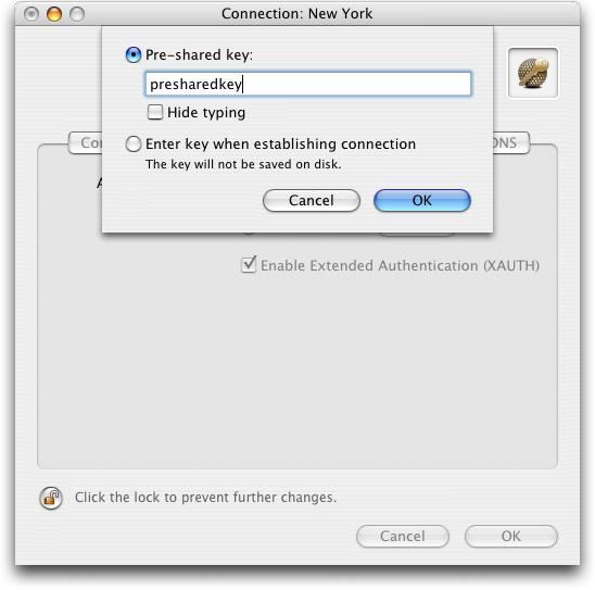 3. Connecting a VPN Tracker host to a SonicWALL using Pre-shared Key Authentication Step 3 Change your Authentication Settings: Pre-shared key: the same