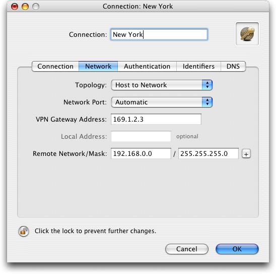 3. Connecting a VPN Tracker host to a SonicWALL using Pre-shared Key Authentication Step 2 Change your Network Settings: VPN Server Address: public IP address of your VPN Gateway (e.g. 169.1.2.3 ) Remote Network/Mask: network address and netmask of the remote network (eg.