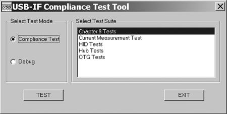 Testing and Debugging Figure 17-5: The USB Command Verifier utility includes several test suites. mechanical design, device states and signals, operating voltages, and power consumption.