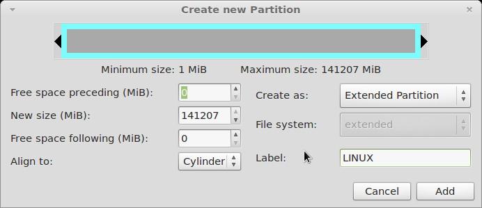 Make a root partition Figure 9: Creating extended partition The next task is to make a logical partition for the Linux system.