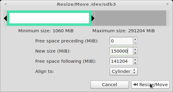 Figure 4: Resizing an ntfs partition When changing the numbers in this dialog, leave the Free space preceding at zero MiB.