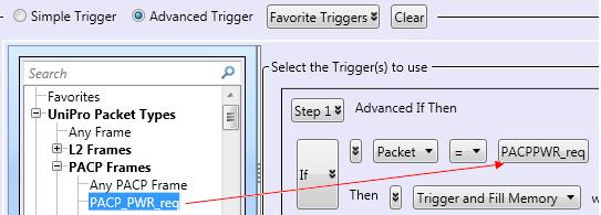 Any packet, in this case represents any SSIC packet. If you want to trigger on a specific SSIC packet, you can drag and drop any SSIC packet from the left to the Any Packet option in the step.
