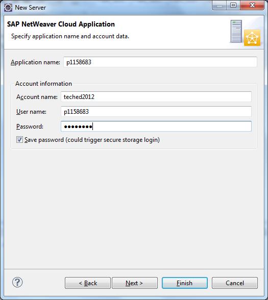 39 In the next page of the wizard (titled SAP NetWeaver Cloud Application), enter the following fields: Application name: <your-assigned-user> (NOTE: do not include the < and >