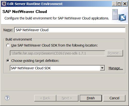 Cloud SDK. Click on the Cancel button. 1.1.5 Verify NW Cloud Server Settings In the Preferences window, still in the Server tab, click on SAP NetWeaver Cloud.