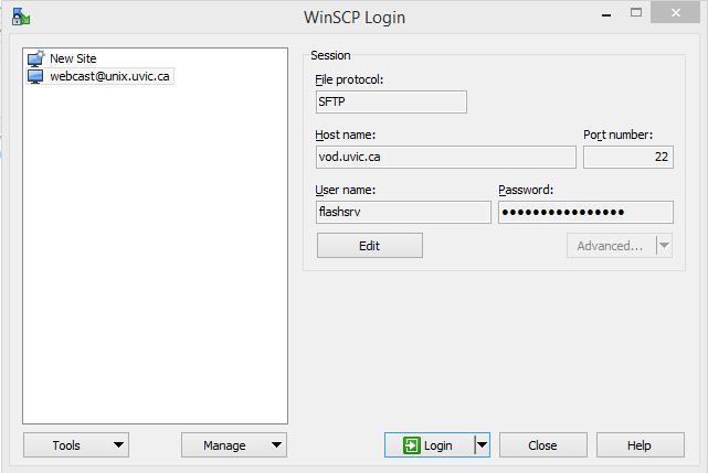 Uploading a file to video on demand using WinSCP part one 1. Open WinSCP 2. Click the Session name saved from page 6, step 8: 3.