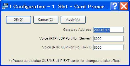 Move the mouse pointer over the IP-EXT card, then click INS to set the card to in-service status. *1 Valid IP address range: "1.0.0.0" to "223.255.255.255" *2 Valid subnet mask address range: "0 255.
