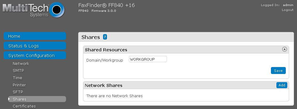 6.4. Administer Network Shares Under System Configuration in the left pane, select Shares. The screen below is displayed.