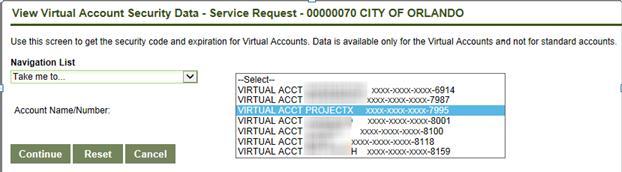 1) Select View Virtual Account Security Data from the ONLINE SERVICE REQUEST drop-down. 2) Select the required Virtual Account.