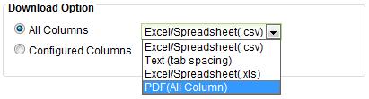 If the Admin User selects CONFIGURED COLUMNS, PDF is not an available download option in the